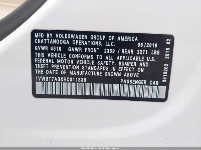 2017 Volkswagen Passat 1.8t Se მანქანა იყიდება აუქციონზე, vin: 1VWBT7A3XHC011838, აუქციონის ნომერი: 45954433