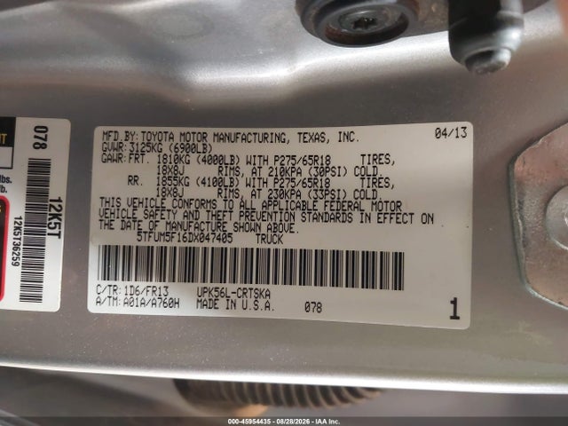 45954435 :رقم المزاد ، 5TFUM5F16DX047405 vin ، 2013 Toyota Tundra Grade 4.6l V8 مزاد بيع