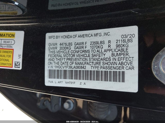 2020 Honda Accord Sport მანქანა იყიდება აუქციონზე, vin: 1HGCV1F39LA080842, აუქციონის ნომერი: 45954439