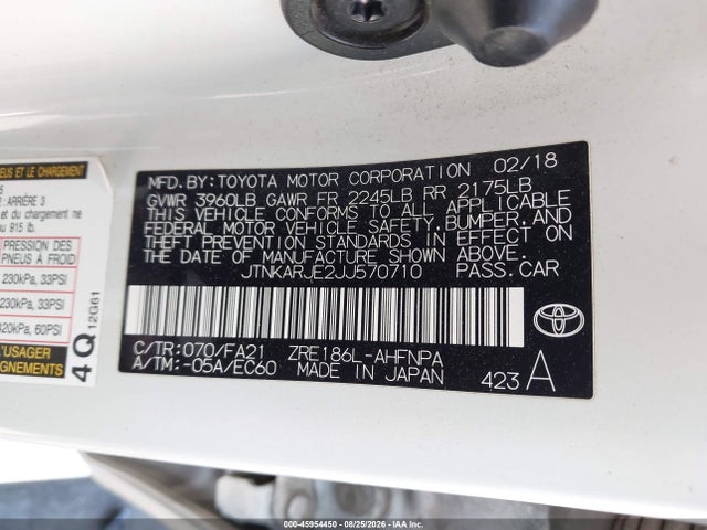 Aukcja sprzedaży 2018 Toyota Corolla Im, vin: JTNKARJE2JJ570710, numer aukcji: 45954450