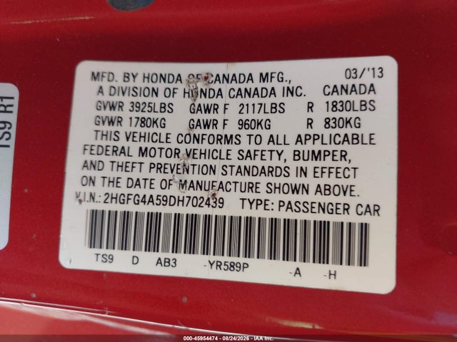 Aukcja sprzedaży 2013 Honda Civic Si, vin: 2HGFG4A59DH702439, numer aukcji: 45954474