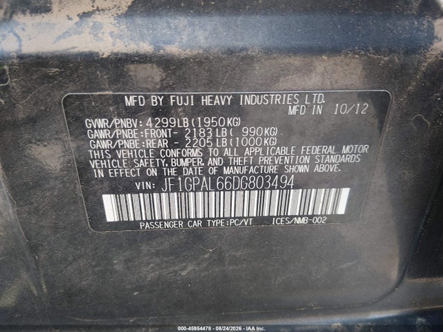 45954478 :رقم المزاد ، JF1GPAL66DG803494 vin ، 2013 Subaru Impreza 2.0i Sport Premium مزاد بيع