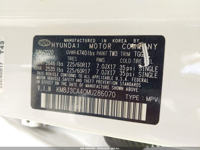 Aukcja sprzedaży 2021 Hyundai Tucson Value, vin: KM8J3CA40MU286070, numer aukcji: 45954482