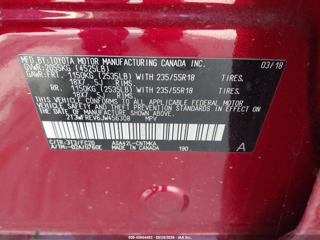 45954492 :رقم المزاد ، 2T3WFREV6JW456308 vin ، 2018 Toyota Rav4 Adventure مزاد بيع