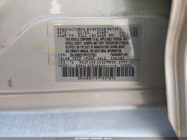 2021 Nissan Sentra Sv Xtronic Cvt მანქანა იყიდება აუქციონზე, vin: 3N1AB8CV1MY237891, აუქციონის ნომერი: 45954505