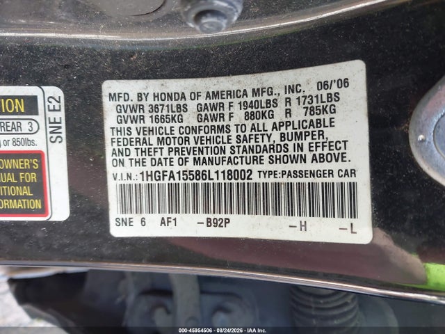 Aukcja sprzedaży 2006 Honda Civic Lx, vin: 1HGFA15586L118002, numer aukcji: 45954506