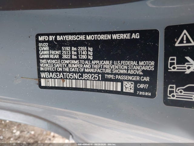 45954510 :رقم المزاد ، WBA63AT05NCJ89251 vin ، 2022 Bmw M440i Xdrive مزاد بيع