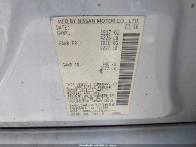 1N4AL3AP5GN329658 Nissan Altima 2.5/2.5 S/2.5 Sl/2.5 Sr/2.5 Sv