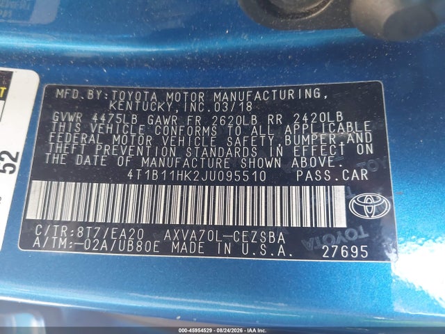 Aukcja sprzedaży 2018 Toyota Camry Se, vin: 4T1B11HK2JU095510, numer aukcji: 45954529