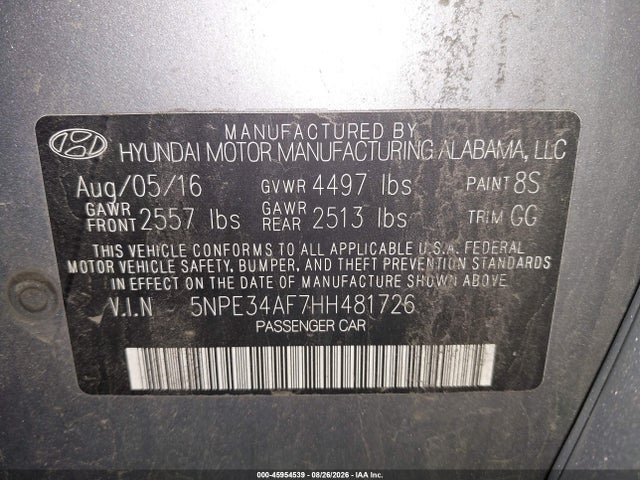 45954539 :رقم المزاد ، 5NPE34AF7HH481726 vin ، 2017 Hyundai Sonata Limited مزاد بيع