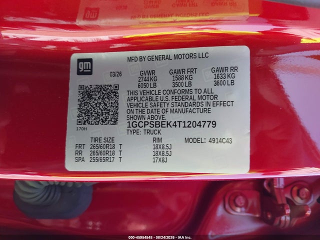 Продажа на аукционе авто 2026 Chevrolet Colorado Wt, Rwd, vin: 1GCPSBEK4T1204779, номер лота: 45954548