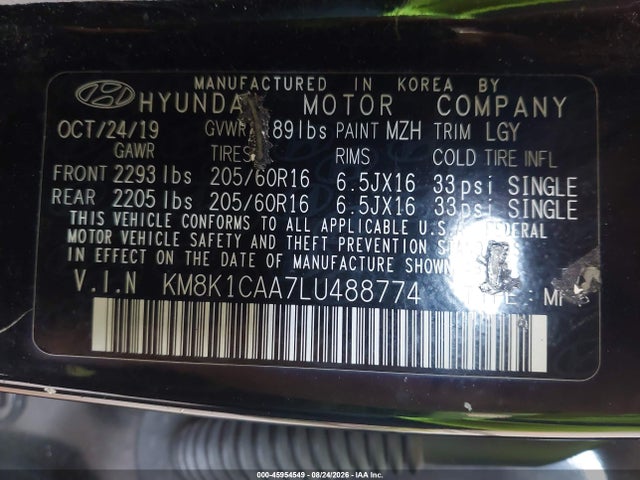 2020 Hyundai Kona Se მანქანა იყიდება აუქციონზე, vin: KM8K1CAA7LU488774, აუქციონის ნომერი: 45954549