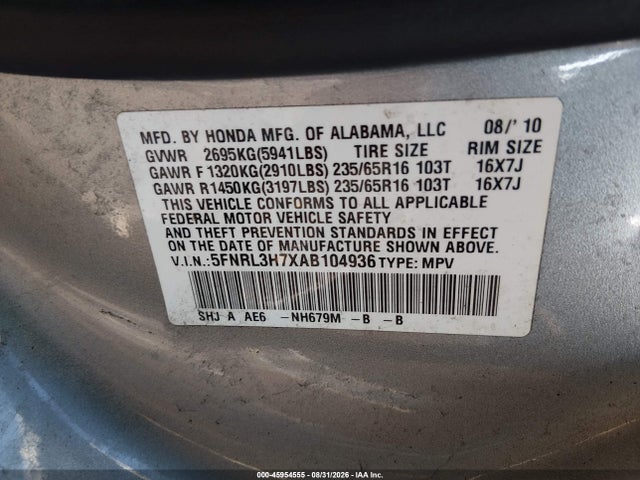 45954555 :رقم المزاد ، 5FNRL3H7XAB104936 vin ، 2010 Honda Odyssey Ex-l مزاد بيع