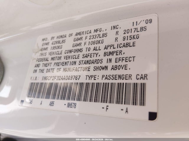 Aukcja sprzedaży 2010 Honda Accord 2.4 Lx, vin: 1HGCP2F32AA049767, numer aukcji: 45954560