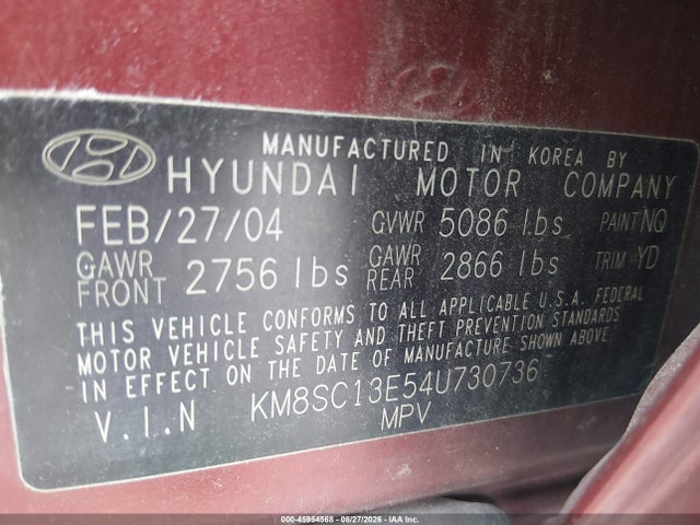 2004 Hyundai Santa Fe Gls/lx მანქანა იყიდება აუქციონზე, vin: KM8SC13E54U730736, აუქციონის ნომერი: 45954568
