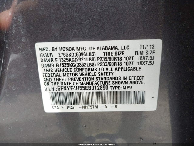 Honda Pilot Ex-l 2014 5FNYF4H55EB012890 Image 9