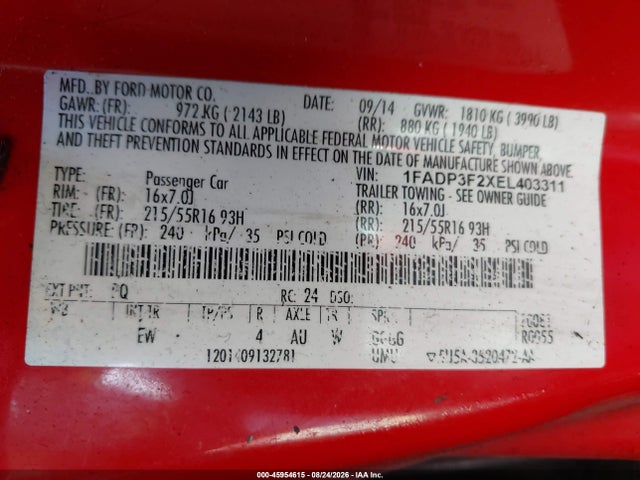 1FADP3F2XEL403311 Ford FOCUS SE