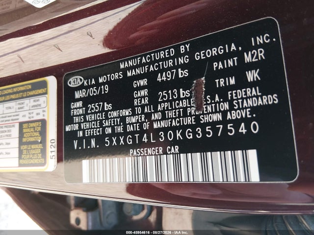 2019 Kia Optima Lx მანქანა იყიდება აუქციონზე, vin: 5XXGT4L30KG357540, აუქციონის ნომერი: 45954616