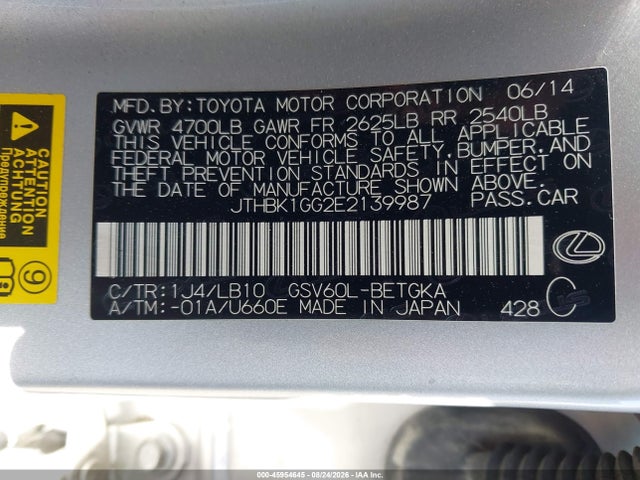 Aukcja sprzedaży 2014 Lexus Es 350, vin: JTHBK1GG2E2139987, numer aukcji: 45954645