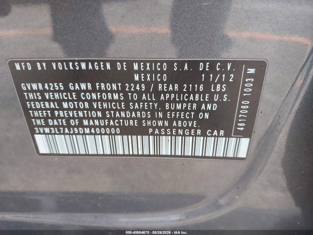 Продажа на аукционе авто 2013 Volkswagen Jetta 2.0l Tdi, vin: 3VW3L7AJ9DM400000, номер лота: 45954670