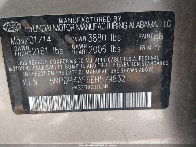 2014 Hyundai Elantra Se მანქანა იყიდება აუქციონზე, vin: 5NPDH4AE6EH529832, აუქციონის ნომერი: 45954676