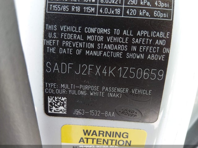 45954679 :رقم المزاد ، SADFJ2FX4K1Z50659 vin ، 2019 Jaguar E-pace S مزاد بيع