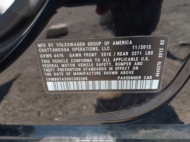 45954681 :رقم المزاد ، 1VWBH7A33DC062285 vin ، 2013 Volkswagen Passat 2.5l Se مزاد بيع