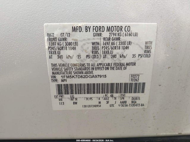 Продаж на аукціоні авто 2013 Ford Explorer Xlt, vin: 1FM5K7D82DGA97915, номер лоту: 45954688