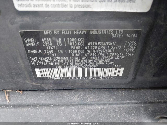 Продажа на аукционе авто 2010 Subaru Outback 2.5i Limited, vin: 4S4BRBKC7A3339397, номер лота: 45954693