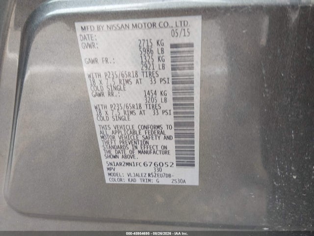 Продажа на аукционе авто 2015 Nissan Pathfinder Sv, vin: 5N1AR2MN1FC676052, номер лота: 45954695