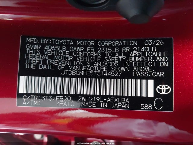 2026 Toyota Corolla Hybrid Hybrid Le მანქანა იყიდება აუქციონზე, vin: JTDBCMFE5T3144527, აუქციონის ნომერი: 45954699