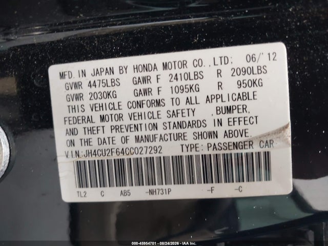 45954701 :رقم المزاد ، JH4CU2F64CC027292 vin ، 2012 Acura Tsx 2.4 مزاد بيع