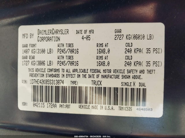 45954704 :رقم المزاد ، 1D7HE42K85S313874 vin ، 2005 Dodge Dakota Slt مزاد بيع