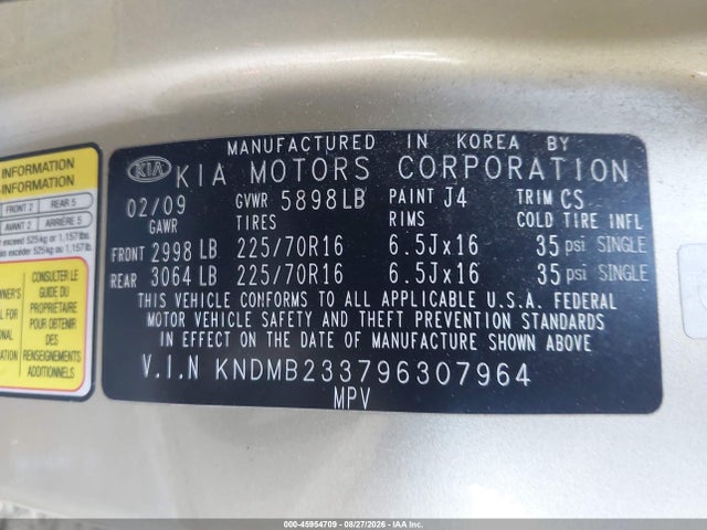 Aukcja sprzedaży 2009 Kia Sedona Lx, vin: KNDMB233796307964, numer aukcji: 45954709