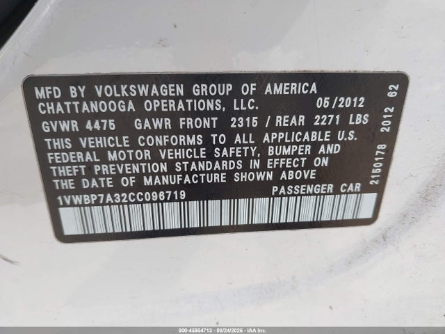 45954713 :رقم المزاد ، 1VWBP7A32CC096719 vin ، 2012 Volkswagen Passat 2.5l Se مزاد بيع