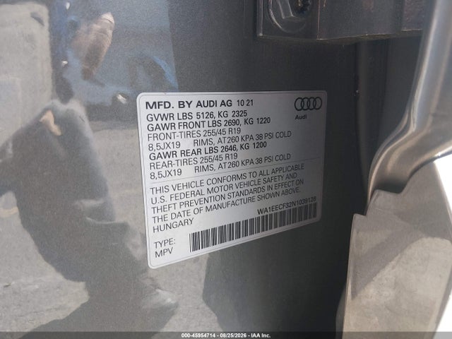 45954714 :رقم المزاد ، WA1EECF32N1039128 vin ، 2022 Audi Q3 Premium Plus 45 Tfsi S Line Quattro Tiptronic مزاد بيع
