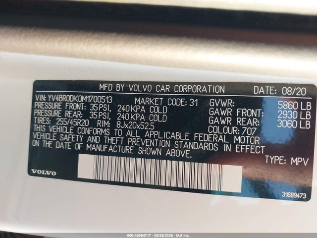 Продаж на аукціоні авто 2021 Volvo Xc60 Recharge Plug-in Hybrid T8 Inscription Expression, vin: YV4BR0DK0M1700513, номер лоту: 45954717