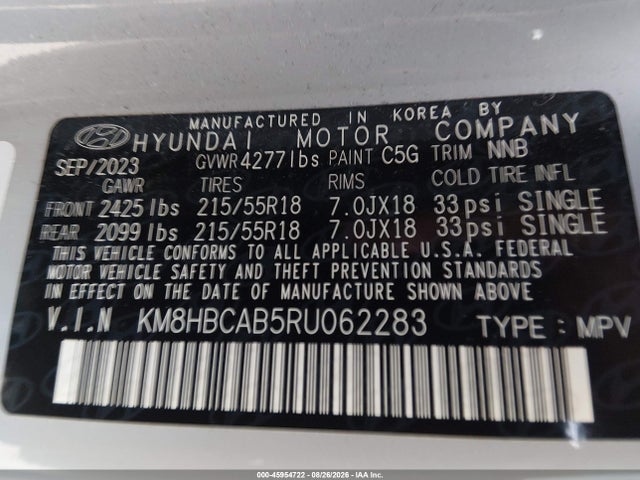45954722 :رقم المزاد ، KM8HBCAB5RU062283 vin ، 2024 Hyundai Kona Sel مزاد بيع