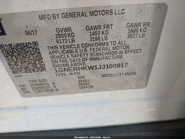 Продаж на аукціоні авто 2018 Chevrolet Traverse Lt Leather, vin: 1GNERHKW1JJ100817, номер лоту: 45954723