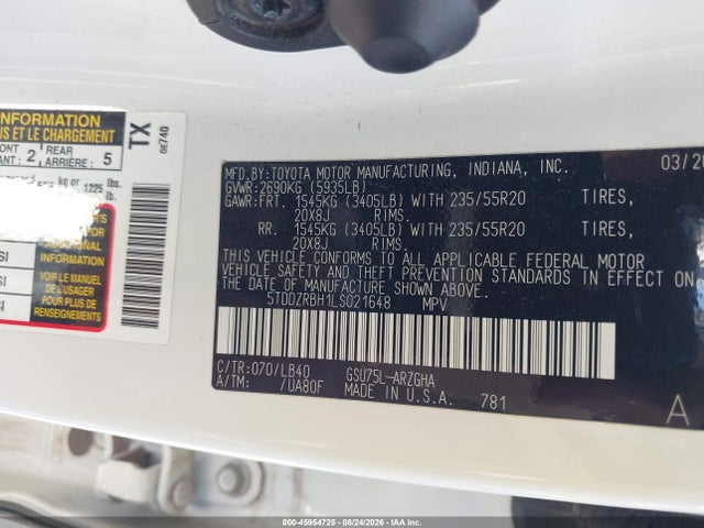 Продажа на аукционе авто 2020 Toyota Highlander Limited, vin: 5TDDZRBH1LS021648, номер лота: 45954725