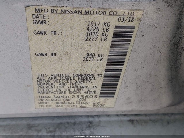 45954730 :رقم المزاد ، 1N4AL3AP4JC233605 vin ، 2018 Nissan Altima 2.5 Sr مزاد بيع