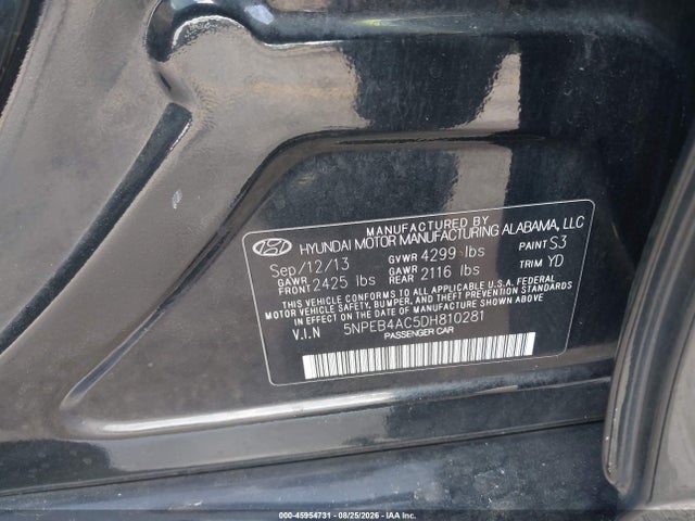 45954731 :رقم المزاد ، 5NPEB4AC5DH810281 vin ، 2013 Hyundai Sonata Gls مزاد بيع