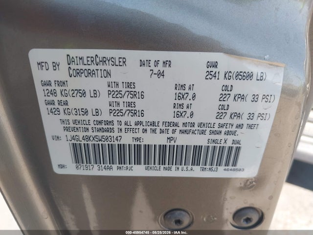 45954745 :رقم المزاد ، 1J4GL48KX5W503147 vin ، 2005 Jeep Liberty Sport مزاد بيع
