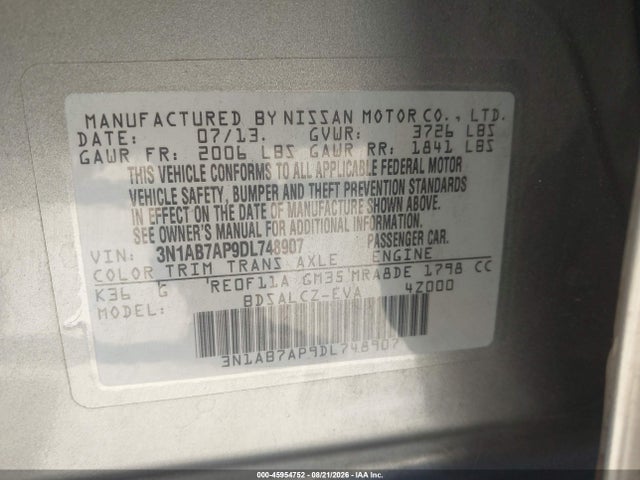 2013 Nissan Sentra S მანქანა იყიდება აუქციონზე, vin: 3N1AB7AP9DL748907, აუქციონის ნომერი: 45954752