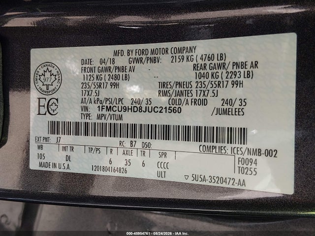 1FMCU9HD8JUC21560 Ford ESCAPE SEL