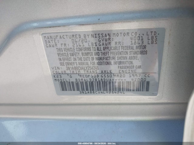 45954766 :رقم المزاد ، 3N1AB8CV4LY254246 vin ، 2020 Nissan Sentra Sv Xtronic Cvt مزاد بيع