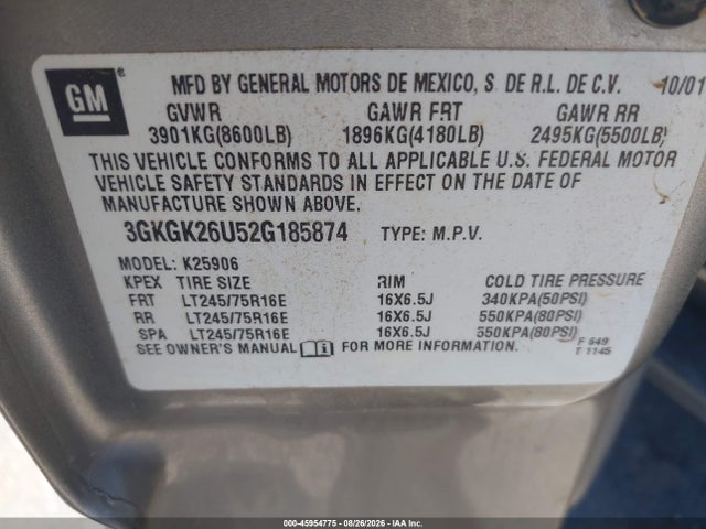 2002 Gmc Yukon Xl 2500 Slt მანქანა იყიდება აუქციონზე, vin: 3GKGK26U52G185874, აუქციონის ნომერი: 45954775