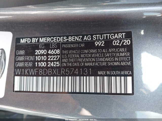 Продаж на аукціоні авто 2020 Mercedes-benz C 300, vin: W1KWF8DBXLR574131, номер лоту: 45954781
