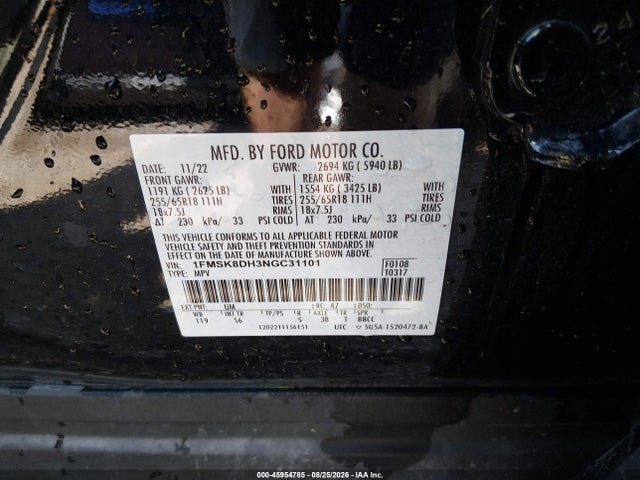 2022 Ford Explorer Xlt მანქანა იყიდება აუქციონზე, vin: 1FMSK8DH3NGC31101, აუქციონის ნომერი: 45954785