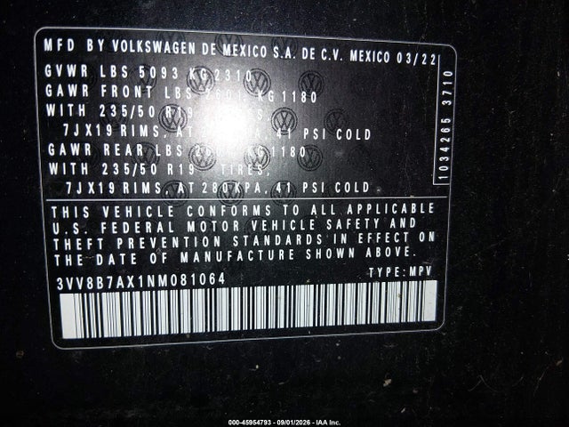 45954793 :رقم المزاد ، 3VV8B7AX1NM081064 vin ، 2022 Volkswagen Tiguan 2.0t Se R-line Black مزاد بيع
